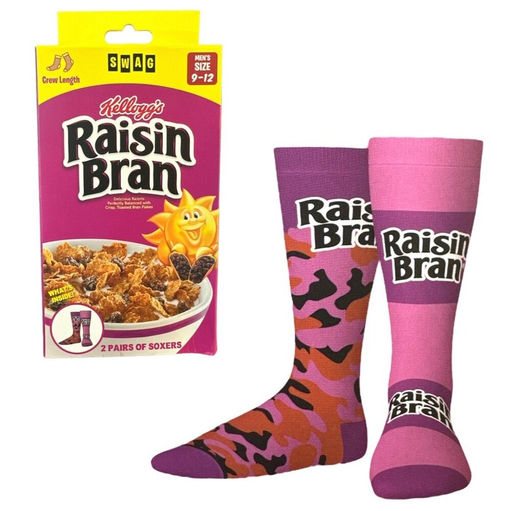 SWAG Men's Kellogg's Raisin Bran Novelty 2 Pair Crew Socks Size 9-12 - GIFT BOX